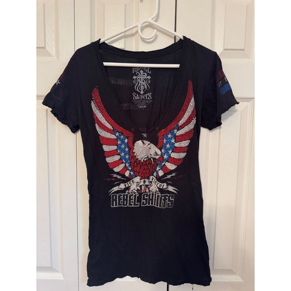 Rebel Saints Black Rhinestone Eagle American Flag V-Neck Graphic Tee Medium